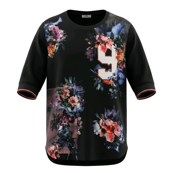Zara Tops - Zara Floral Varsity Number 9 Jersey Top Black Short Sleeve Pockets Woman